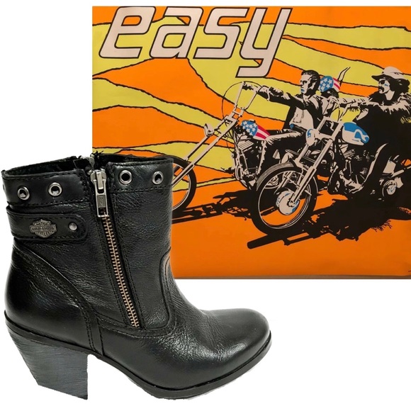 Harley-Davidson Shoes - Harley Davidson 3.75” High Heel Leather Side Zip Moto Ankle Boots Size 7